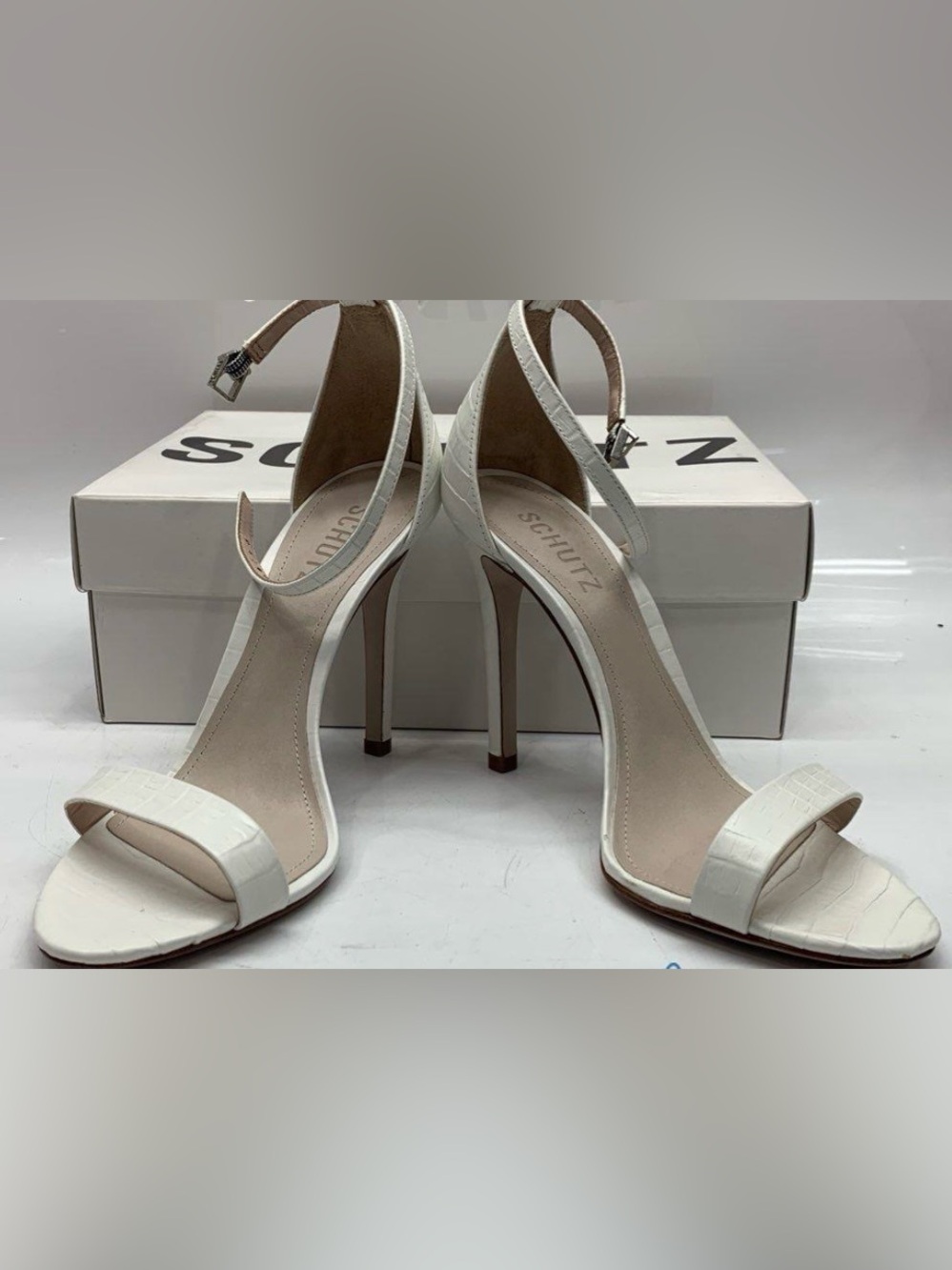 SCHUTZ White Croc-Embossed Stiletto Ankle-Strap Sandals